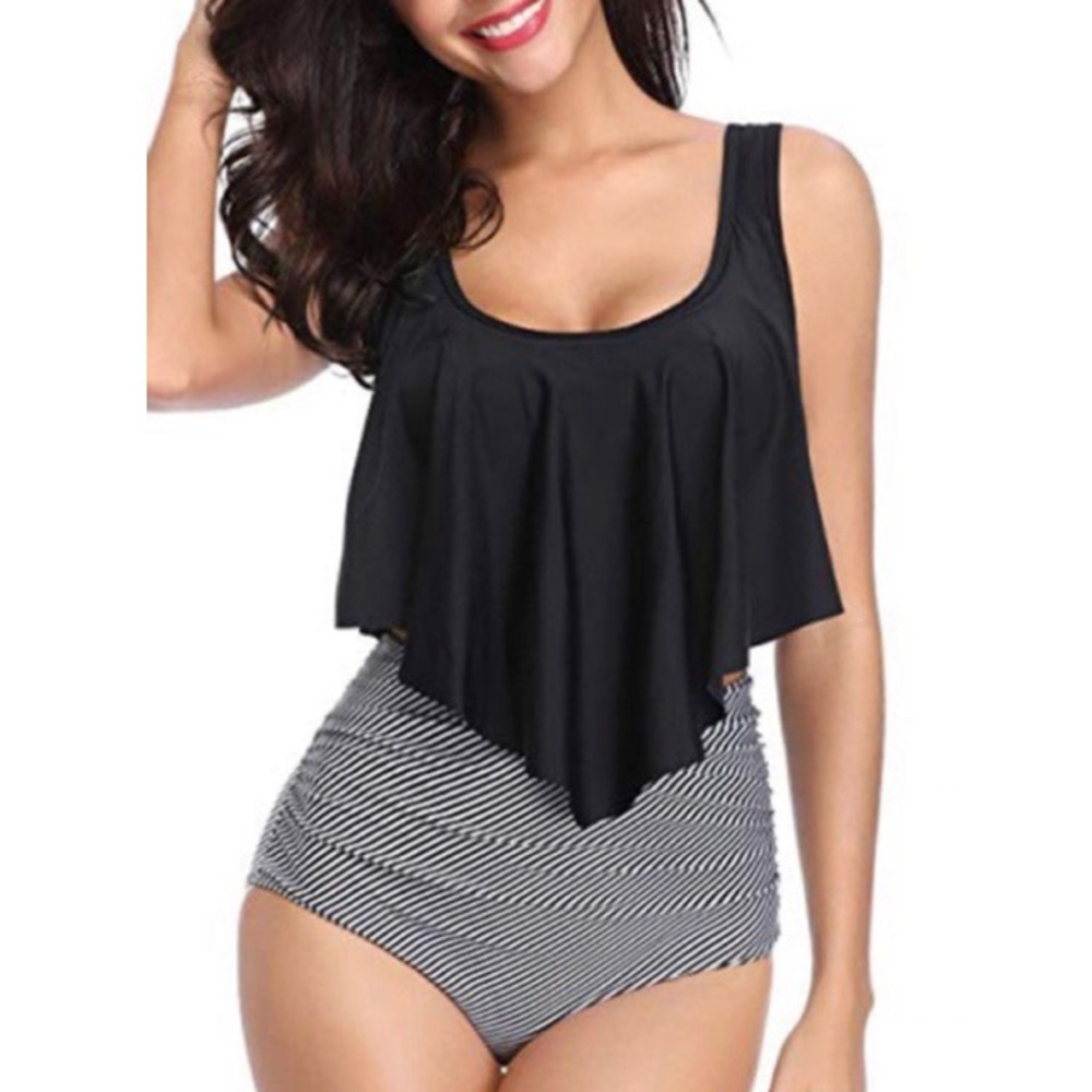 Dresslily Striped Overlay Tankini U Neck 2pc Large